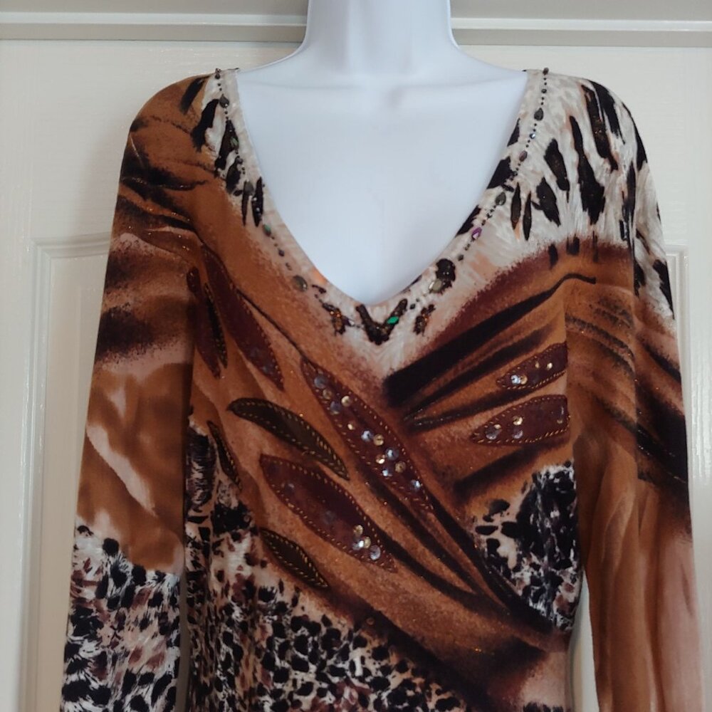 Alberto Makali Soft L-Sleeve Animal Print Over the Hip V-Neck Sweater M - Picture 3 of 14